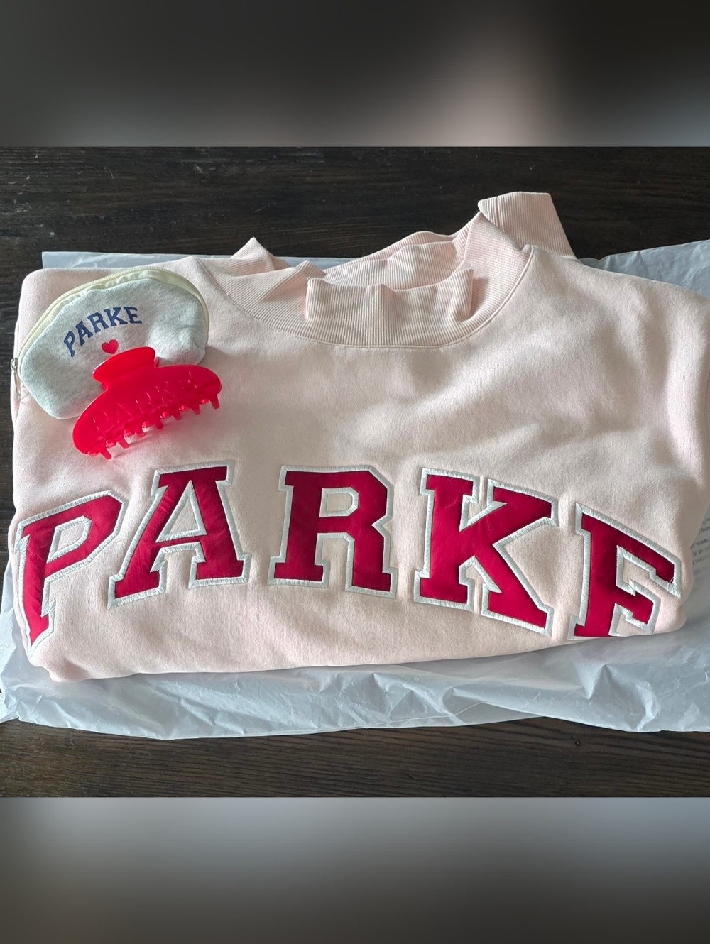 NEW PARKE Varsity Mockneck Peony/crimson S/M w Matching Claw Clip - Picture 1 of 9